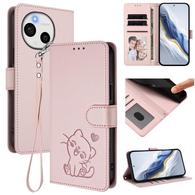 

For Sharp Aquos Sense 10 Embossed Heart Cat Leather Phone Case with Hand Strap(Pink)