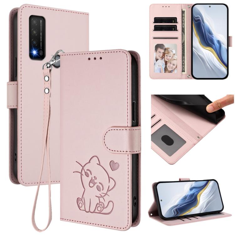 

For TCL 20R / Bremen 5G / 20AX 5G Embossed Heart Cat Leather Phone Case with Hand Strap(Pink)