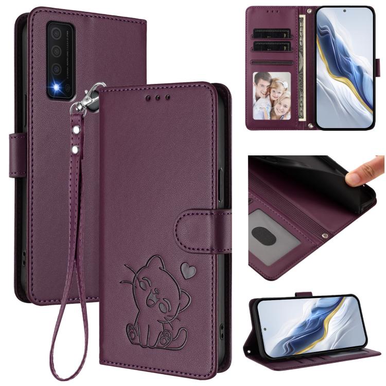 

For TCL 30 XE 5G / 30V 5G / T781S Embossed Heart Cat Leather Phone Case with Hand Strap(Dark Purple)