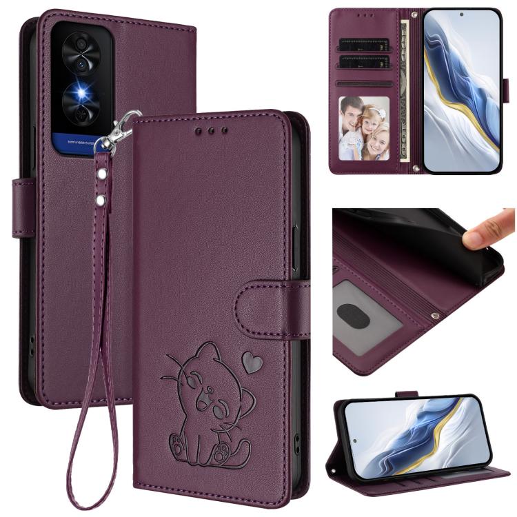 

For TCL 50 5G / 50 XE NxtPaper 5G Embossed Heart Cat Leather Phone Case with Hand Strap(Dark Purple)