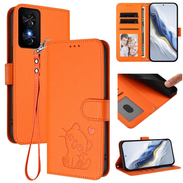 

For TCL 50 SE / 40 NxtPaper 4G Embossed Heart Cat Leather Phone Case with Hand Strap(Orange)