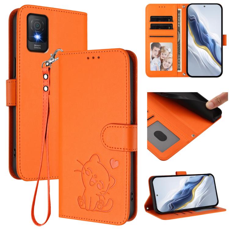 

For TCL 403 / Vodafone Smart M23 Embossed Heart Cat Leather Phone Case with Hand Strap(Orange)