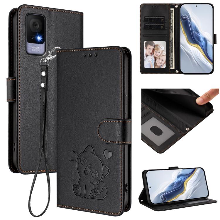 

For TCL 405 / 406 / 406s / 408 / T506D Embossed Heart Cat Leather Phone Case with Hand Strap(Black)