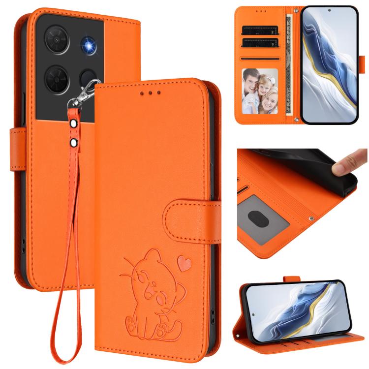 

For TCL 503 Embossed Heart Cat Leather Phone Case with Hand Strap(Orange)