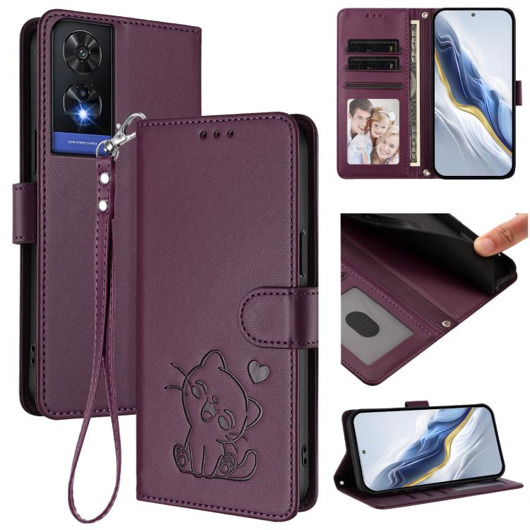 

For TCL 505 / T509K / T5094 Embossed Heart Cat Leather Phone Case with Hand Strap(Dark Purple)
