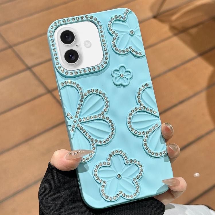 For iPhone 16 Plus Flower Crystal Diamond TPU Phone Case(Blue)