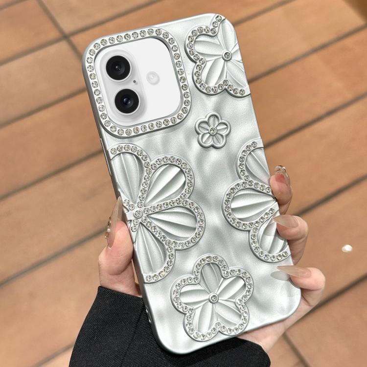 

For iPhone 16 Flower Crystal Diamond TPU Phone Case(Silver)
