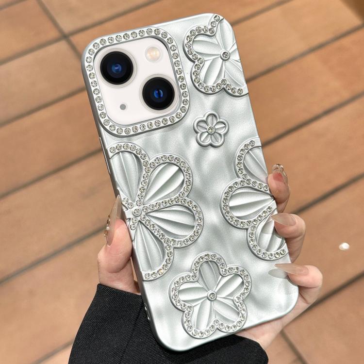 

For iPhone 15 Flower Crystal Diamond TPU Phone Case(Silver)