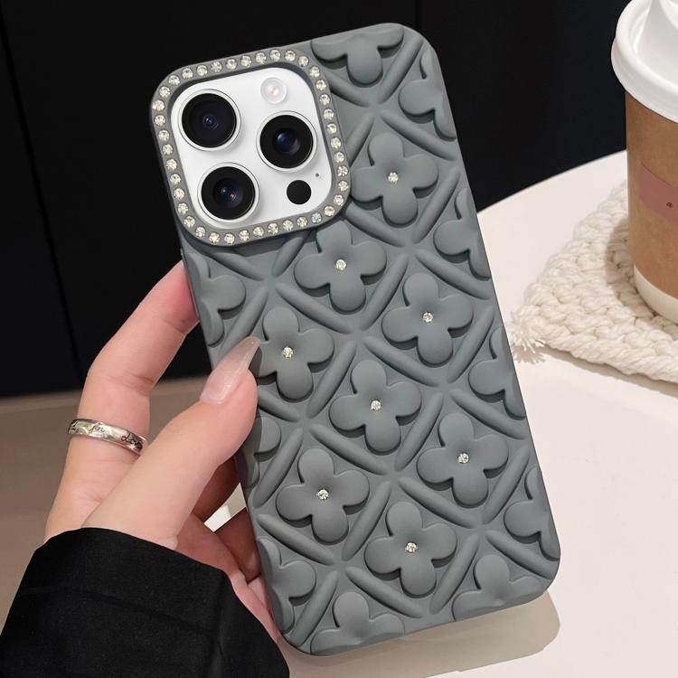 

For iPhone 16 Pro Oil-sprayed 3D Flower Diamond TPU Phone Case(Grey)