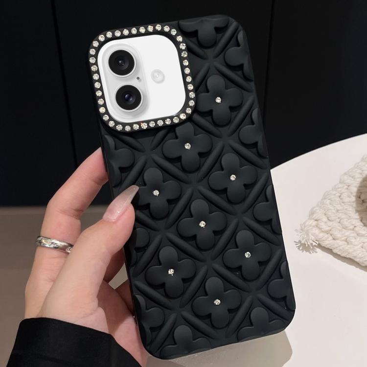 

For iPhone 16 Oil-sprayed 3D Flower Diamond TPU Phone Case(Black)