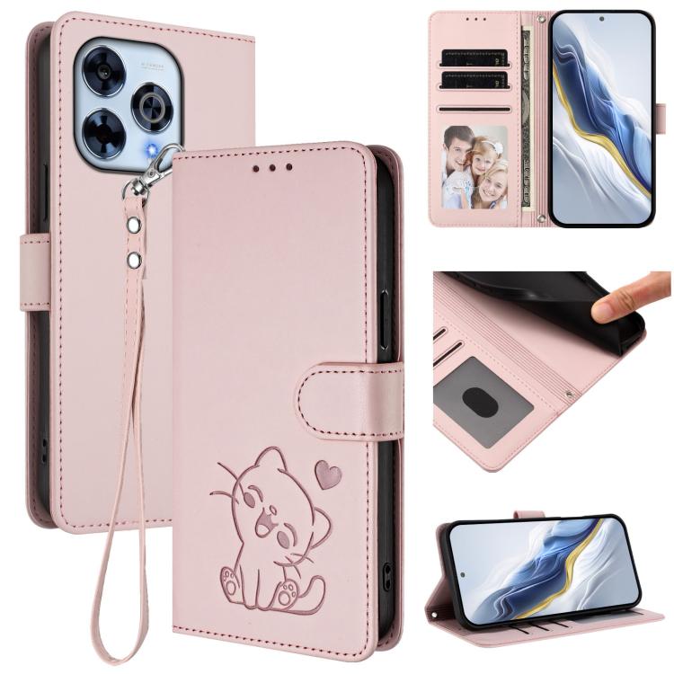 

For Wiko Hi Enjoy 80 Pro Embossed Heart Cat Leather Phone Case with Strap(Pink)