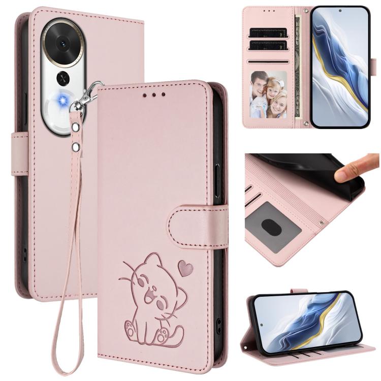 

For Honor Play 70 Plus Embossed Heart Cat Leather Phone Case with Hand Strap(Pink)