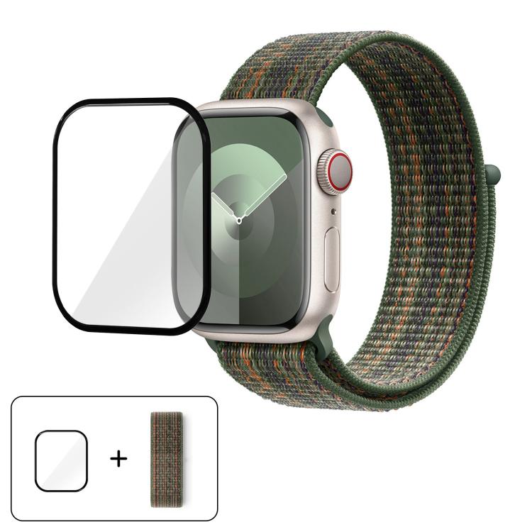 

For Apple Watch Series 10 46mm Basic Nylon Loop Watch Band with 3D Curved Film(Dark Green Orange)