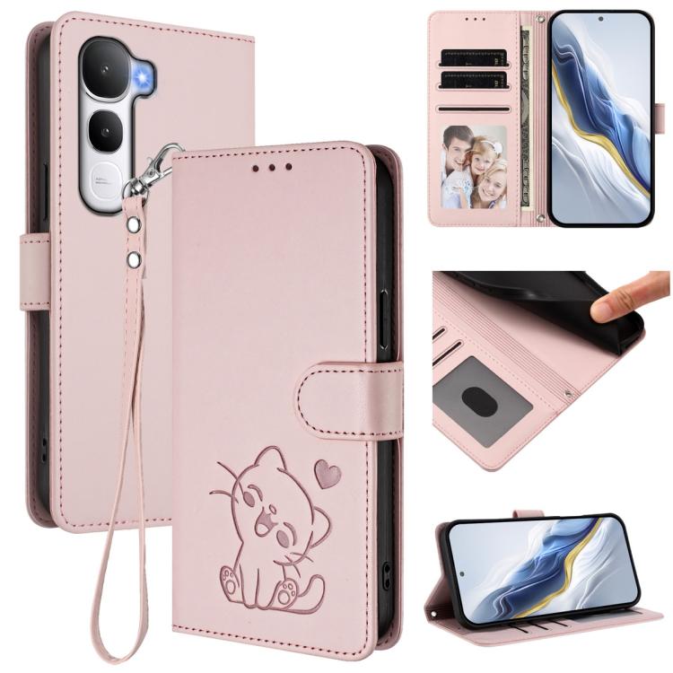 

For vivo Y400 5G Embossed Heart Cat Leather Phone Case with Hand Strap(Pink)