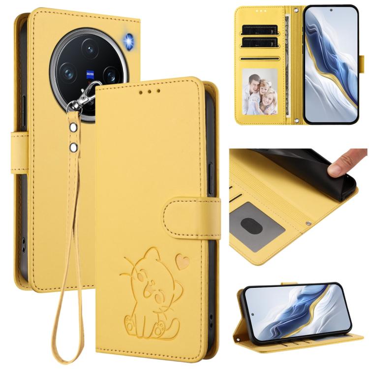 

For vivo X200 Pro mini Embossed Heart Cat Leather Phone Case with Hand Strap(Yellow)