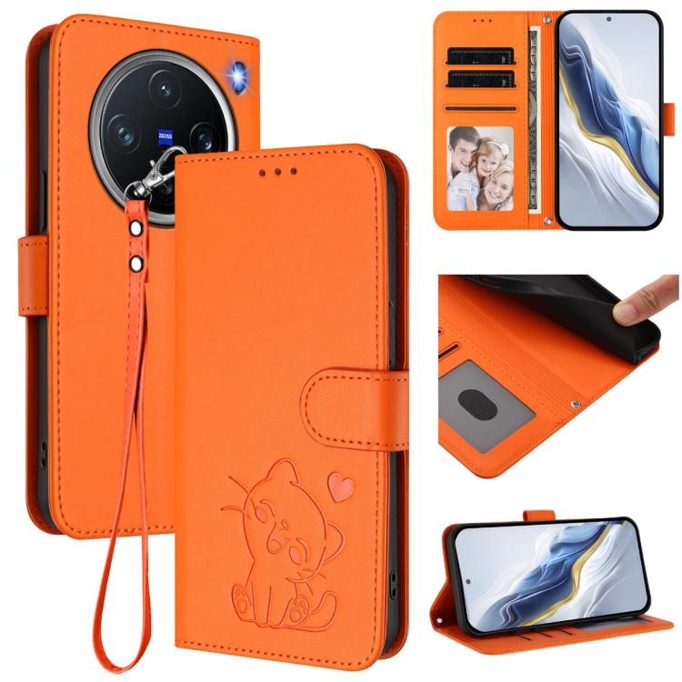 

For vivo X200 Pro mini Embossed Heart Cat Leather Phone Case with Hand Strap(Orange)