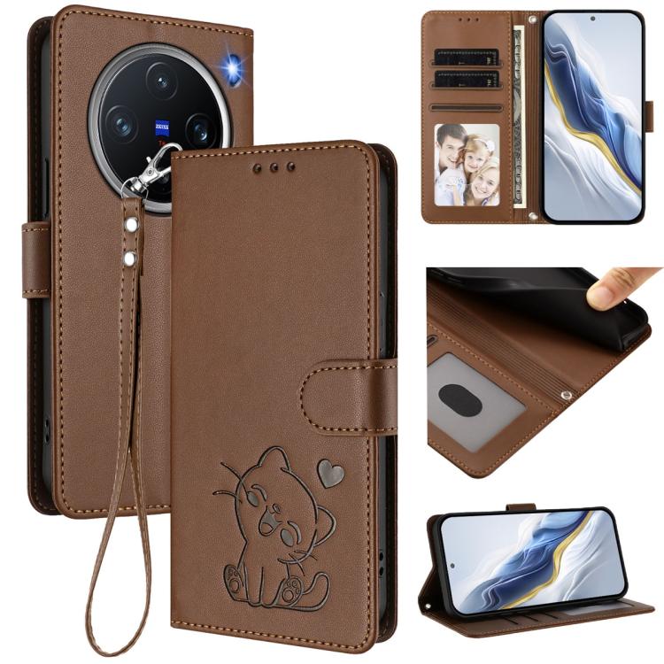 

For vivo X200 Pro mini Embossed Heart Cat Leather Phone Case with Hand Strap(Brown)
