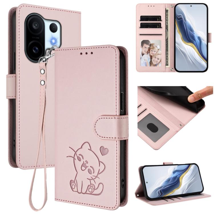 

For vivo X200 FE / vivo S30 Pro mini Embossed Heart Cat Leather Phone Case with Hand Strap(Pink)