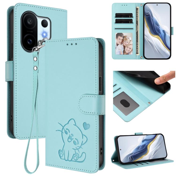 

For vivo X200 FE / vivo S30 Pro mini Embossed Heart Cat Leather Phone Case with Hand Strap(Mint Green)