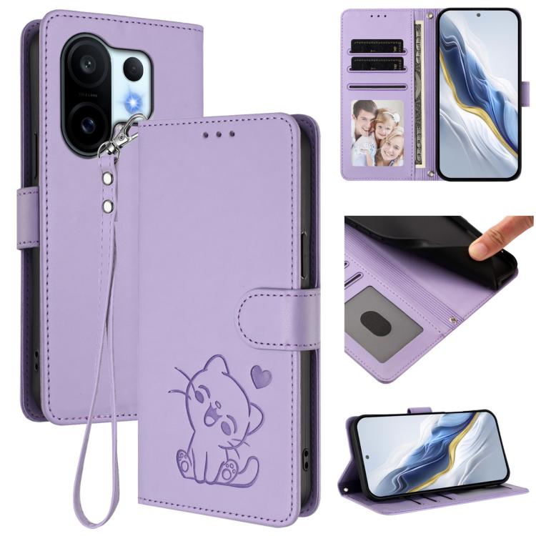 

For vivo X200 FE / vivo S30 Pro mini Embossed Heart Cat Leather Phone Case with Hand Strap(Light Purple)