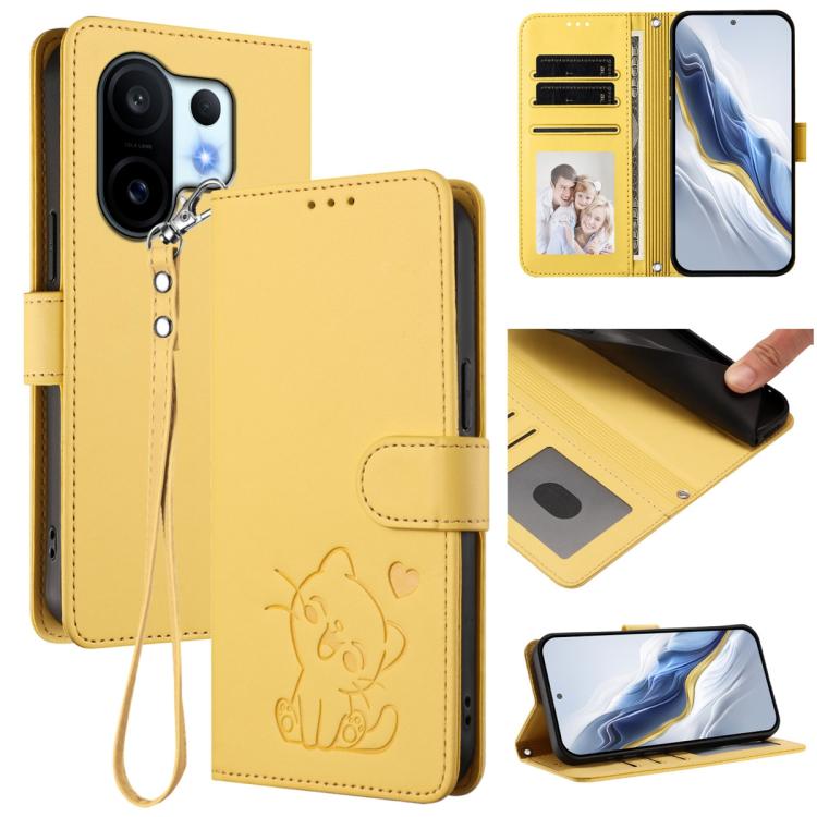 

For vivo X200 FE / vivo S30 Pro mini Embossed Heart Cat Leather Phone Case with Hand Strap(Yellow)