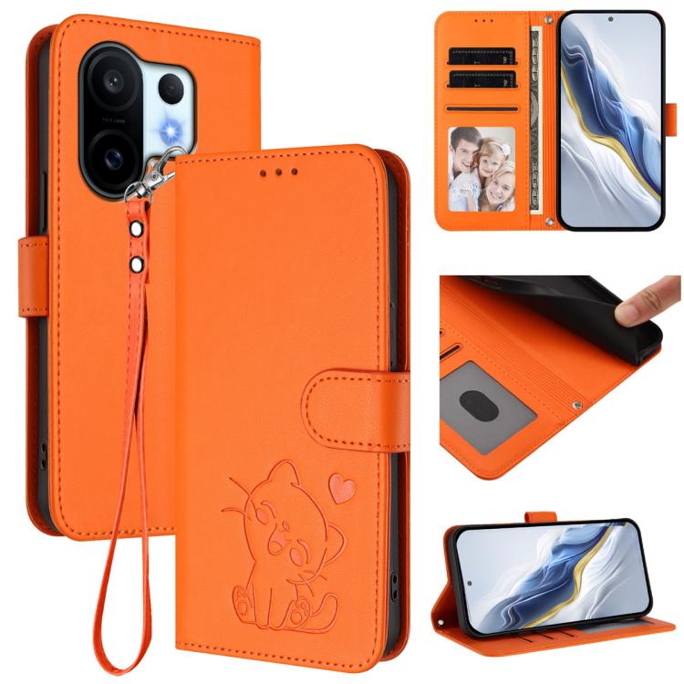 

For vivo X200 FE / vivo S30 Pro mini Embossed Heart Cat Leather Phone Case with Hand Strap(Orange)