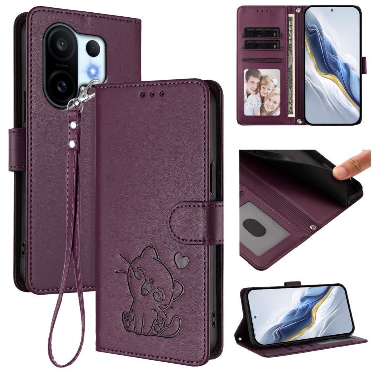 

For vivo X200 FE / vivo S30 Pro mini Embossed Heart Cat Leather Phone Case with Hand Strap(Dark Purple)
