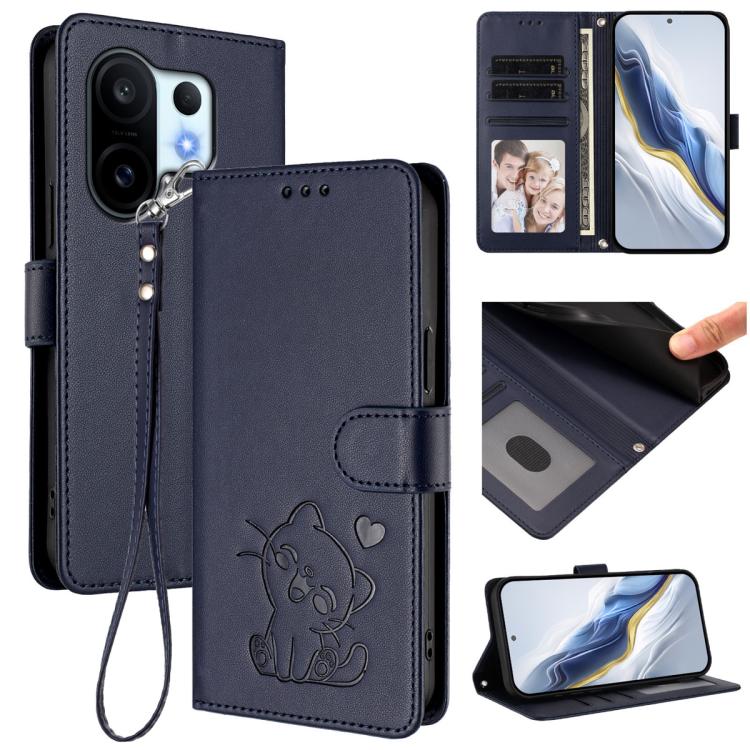 

For vivo X200 FE / vivo S30 Pro mini Embossed Heart Cat Leather Phone Case with Hand Strap(Blue)