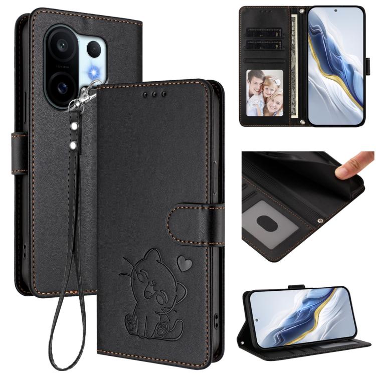 

For vivo X200 FE / vivo S30 Pro mini Embossed Heart Cat Leather Phone Case with Hand Strap(Black)