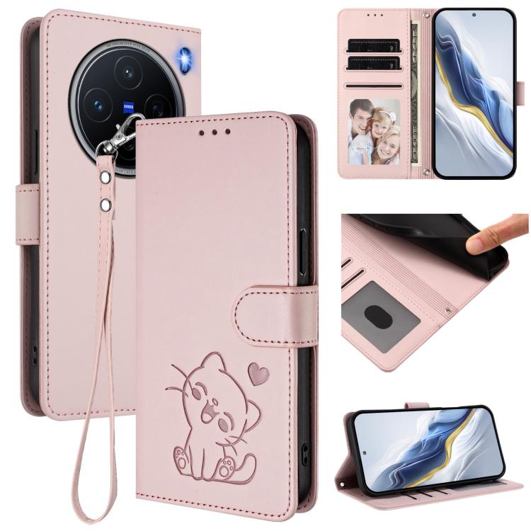 

For vivo X200 Embossed Heart Cat Leather Phone Case with Hand Strap(Pink)