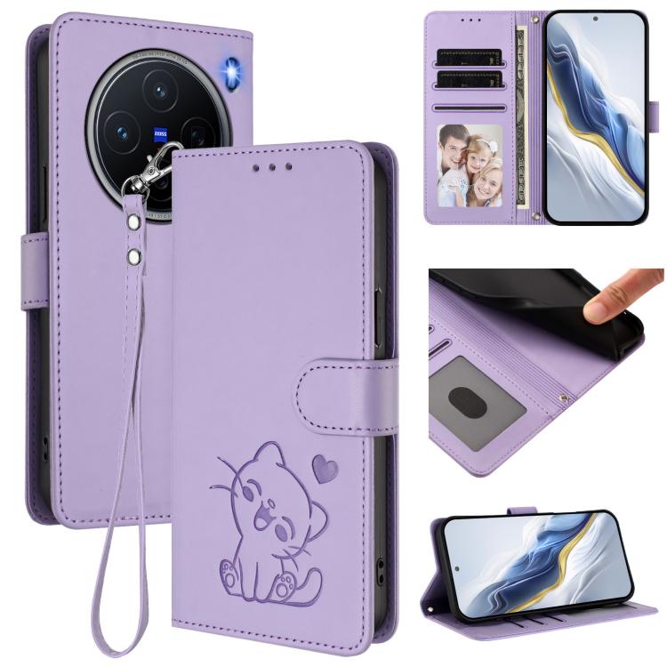 

For vivo X200 Embossed Heart Cat Leather Phone Case with Hand Strap(Light Purple)