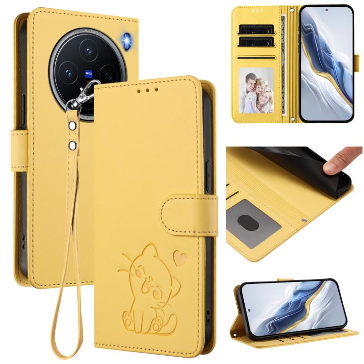 

For vivo X200 Embossed Heart Cat Leather Phone Case with Hand Strap(Yellow)