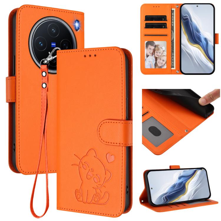 

For vivo X200 Embossed Heart Cat Leather Phone Case with Hand Strap(Orange)