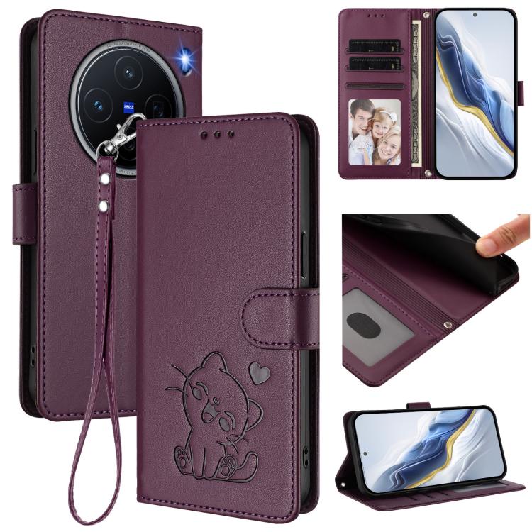 

For vivo X200 Embossed Heart Cat Leather Phone Case with Hand Strap(Dark Purple)