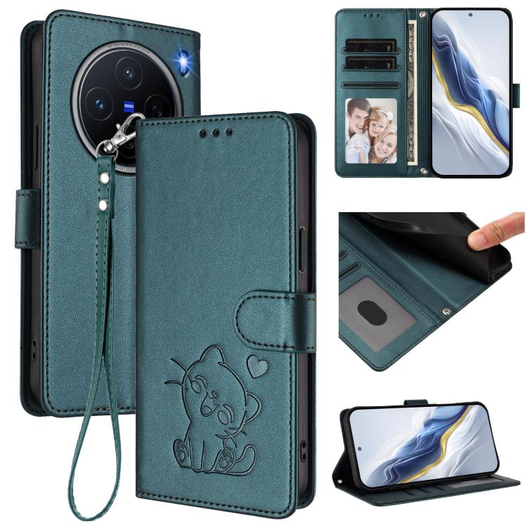 

For vivo X200 Embossed Heart Cat Leather Phone Case with Hand Strap(Dark Green)