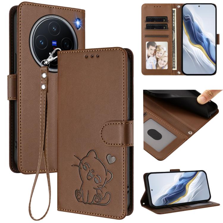 

For vivo X200 Embossed Heart Cat Leather Phone Case with Hand Strap(Brown)