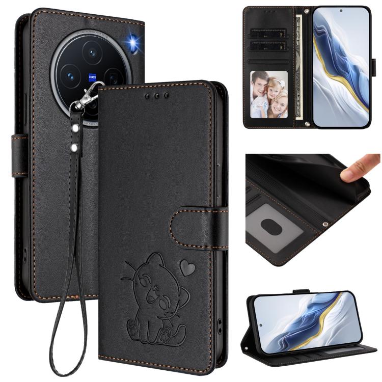 

For vivo X200 Embossed Heart Cat Leather Phone Case with Hand Strap(Black)