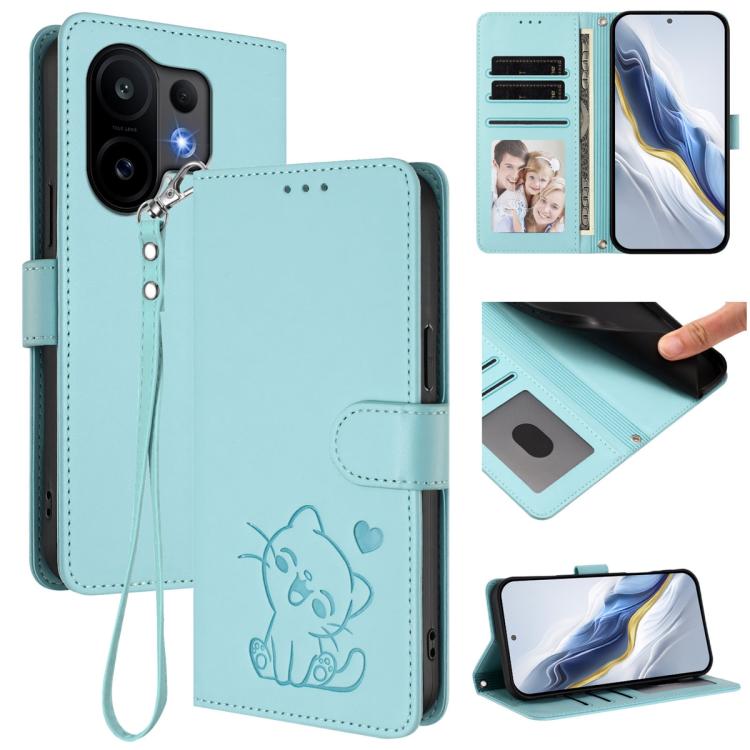 

For vivo S30 Embossed Heart Cat Leather Phone Case with Hand Strap(Mint Green)