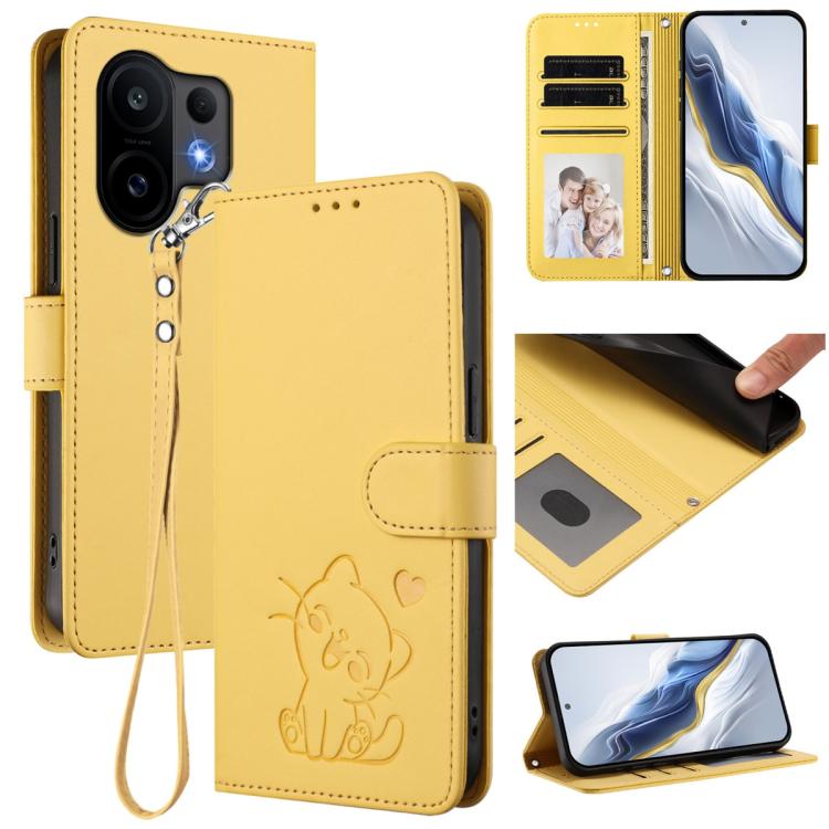 

For vivo S30 Embossed Heart Cat Leather Phone Case with Hand Strap(Yellow)
