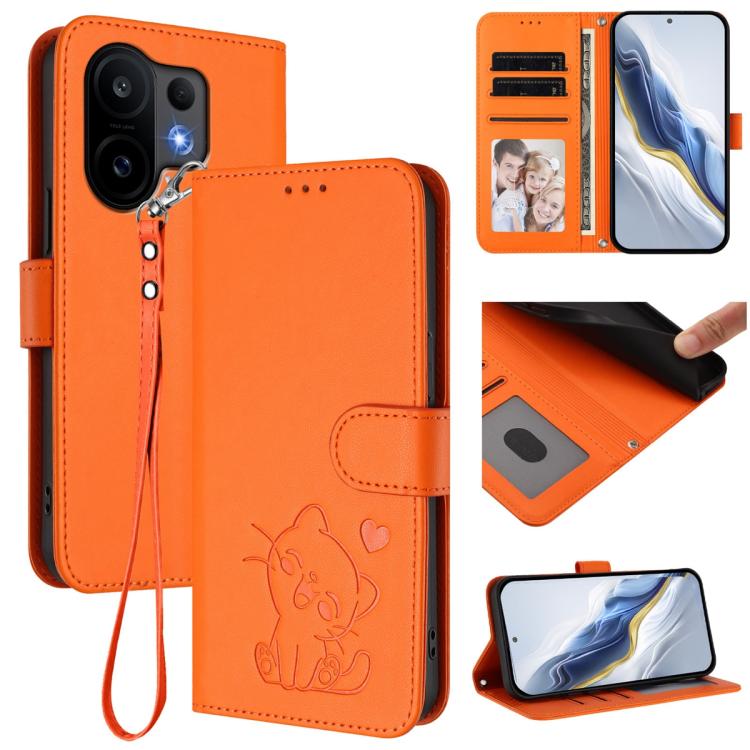

For vivo S30 Embossed Heart Cat Leather Phone Case with Hand Strap(Orange)