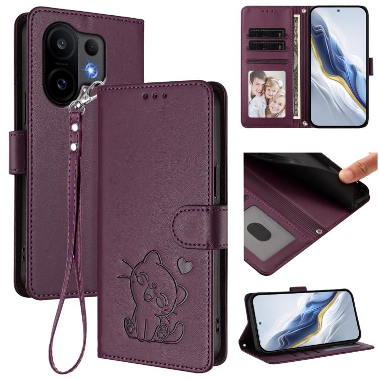 

For vivo S30 Embossed Heart Cat Leather Phone Case with Hand Strap(Dark Purple)