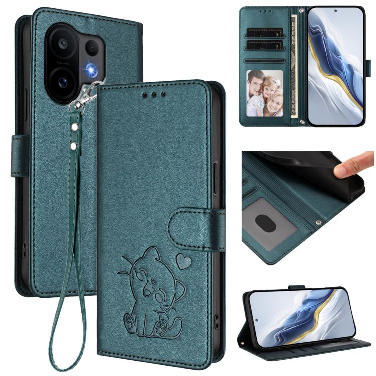 

For vivo S30 Embossed Heart Cat Leather Phone Case with Hand Strap(Dark Green)