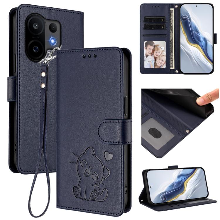

For vivo S30 Embossed Heart Cat Leather Phone Case with Hand Strap(Blue)