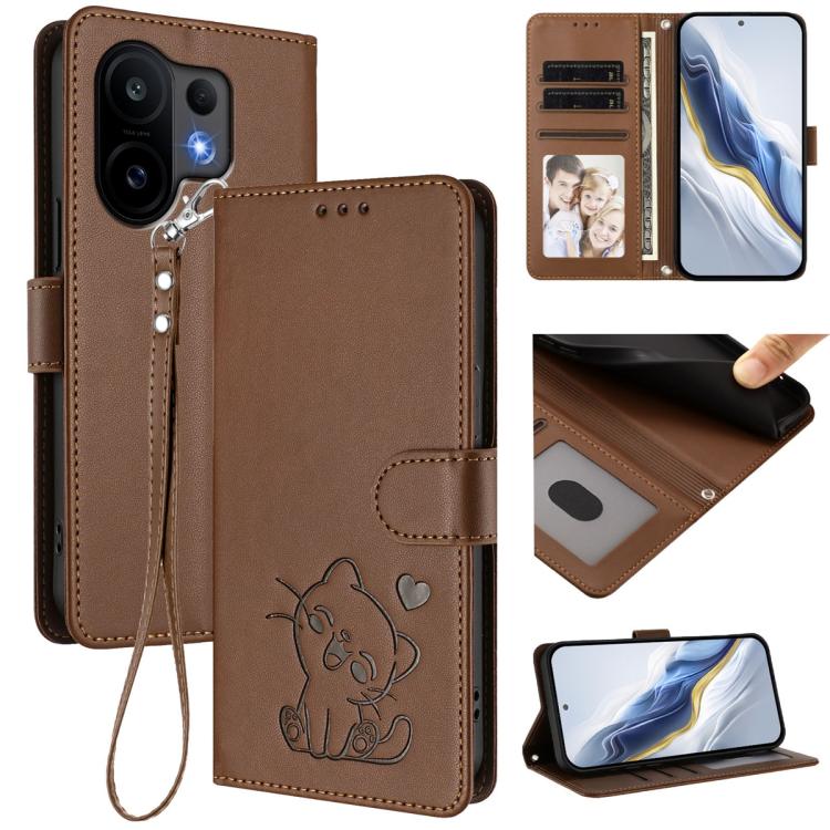 

For vivo S30 Embossed Heart Cat Leather Phone Case with Hand Strap(Brown)