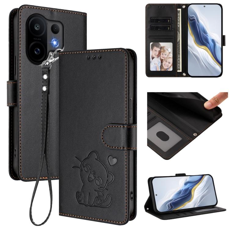 

For vivo S30 Embossed Heart Cat Leather Phone Case with Hand Strap(Black)