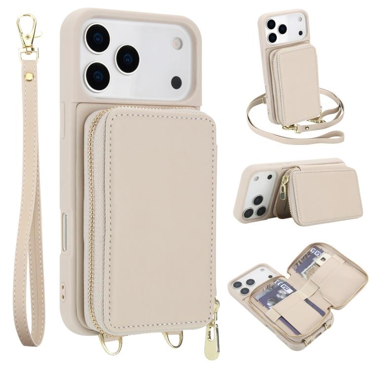

For iPhone 17 Pro Max Crossbody Zipper RFID Card Bag Phone Case(Apricot)
