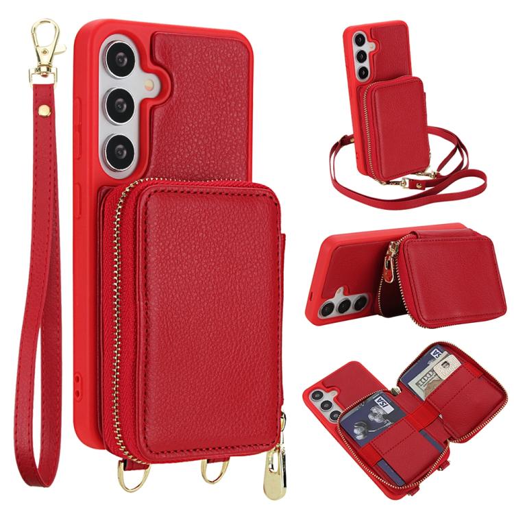 

For Samsung Galaxy S25+ 5G / S24+ 5G Crossbody Zipper RFID Card Bag Phone Case(Red)