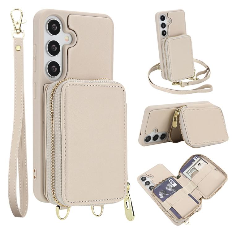 

For Samsung Galaxy S25 5G / S24 5G Crossbody Zipper RFID Card Bag Phone Case(Apricot)