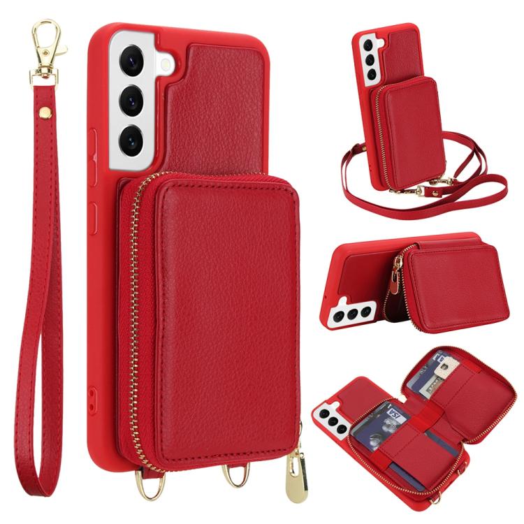 

For Samsung Galaxy S22 5G Crossbody Zipper RFID Card Bag Phone Case(Red)