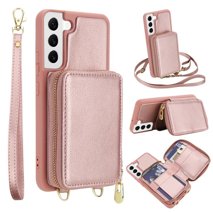 

For Samsung Galaxy S22 5G Crossbody Zipper RFID Card Bag Phone Case(Rose Gold)